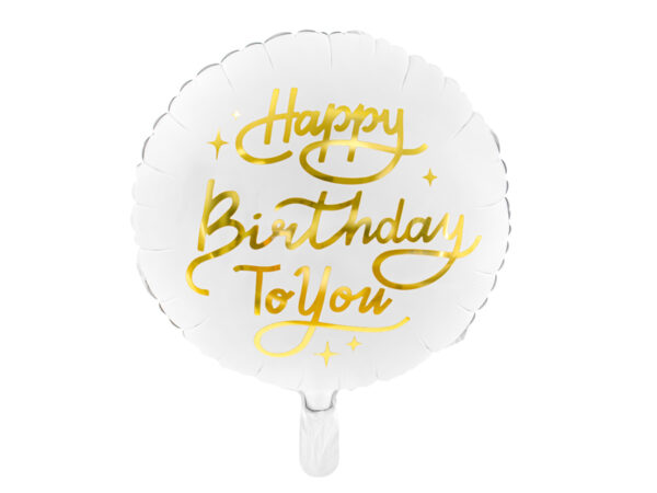 Balon foliowy Happy Birthday biały, Z HELEM