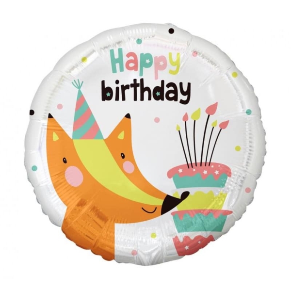 Balon foliowy Lisek, okrągły – Happy Birthday